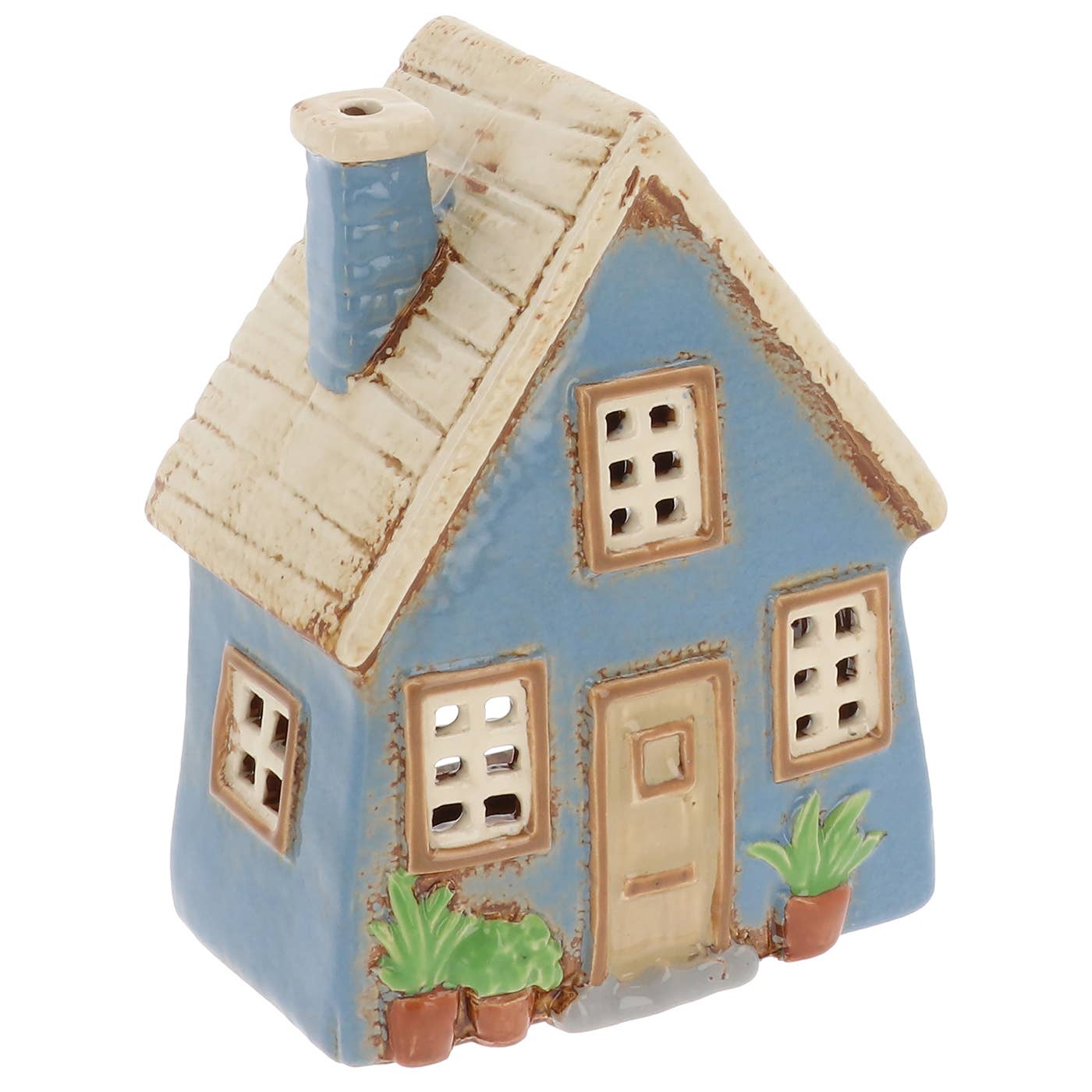 Maison de jardin en poterie de village avec toit en lattes pour bougie chauffe-plat
