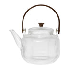 Théière en verre avec filtre et poignet en bois