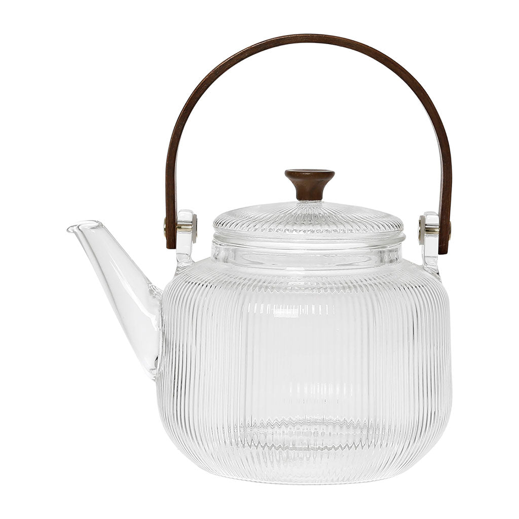 Théière en verre avec filtre et poignet en bois