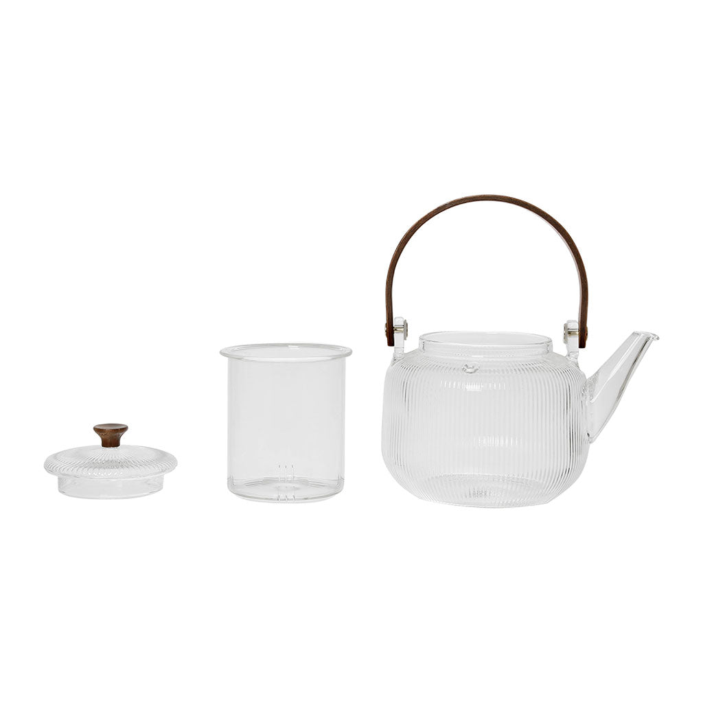 Théière en verre avec filtre et poignet en bois