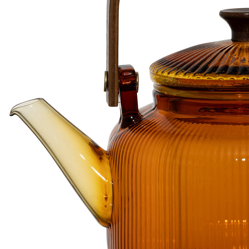 Théière en verre avec filtre et poignet en bois