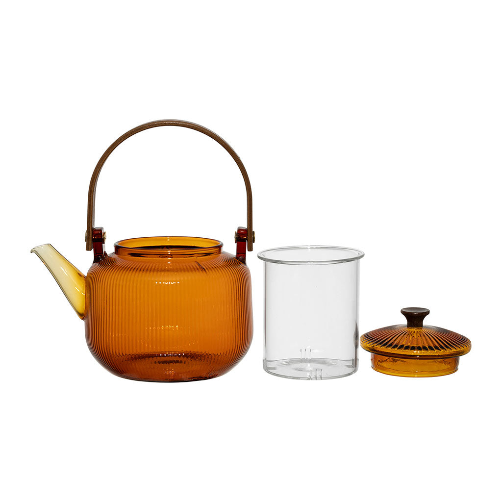 Théière en verre avec filtre et poignet en bois