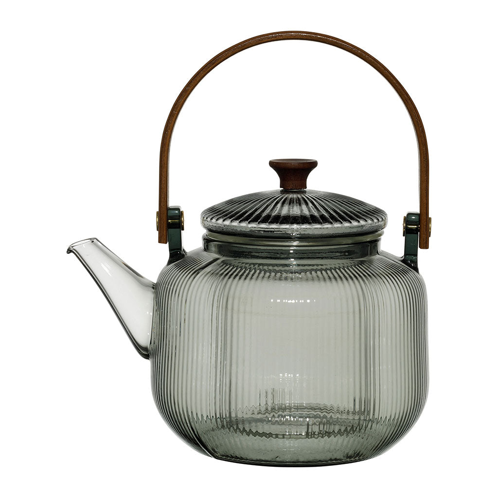 Théière en verre avec filtre et poignet en bois