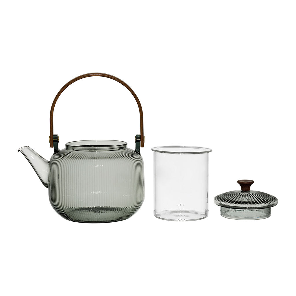 Théière en verre avec filtre et poignet en bois