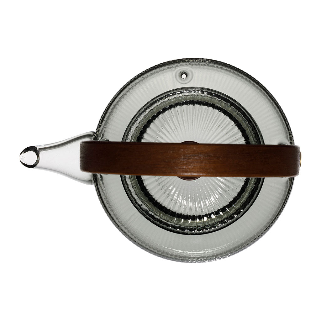 Théière en verre avec filtre et poignet en bois